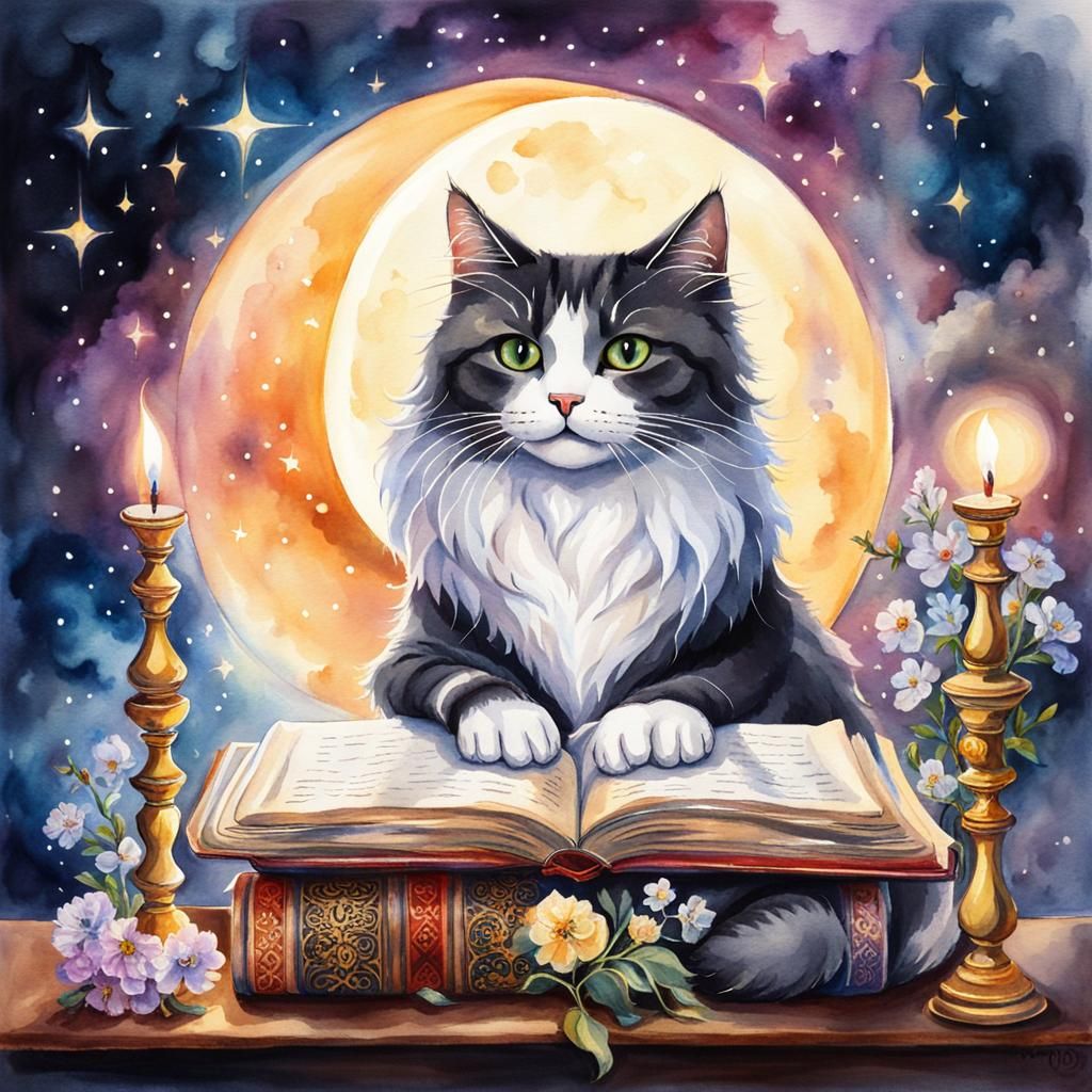 Mystical Cat with Tarot Cards in Watercolor Style
