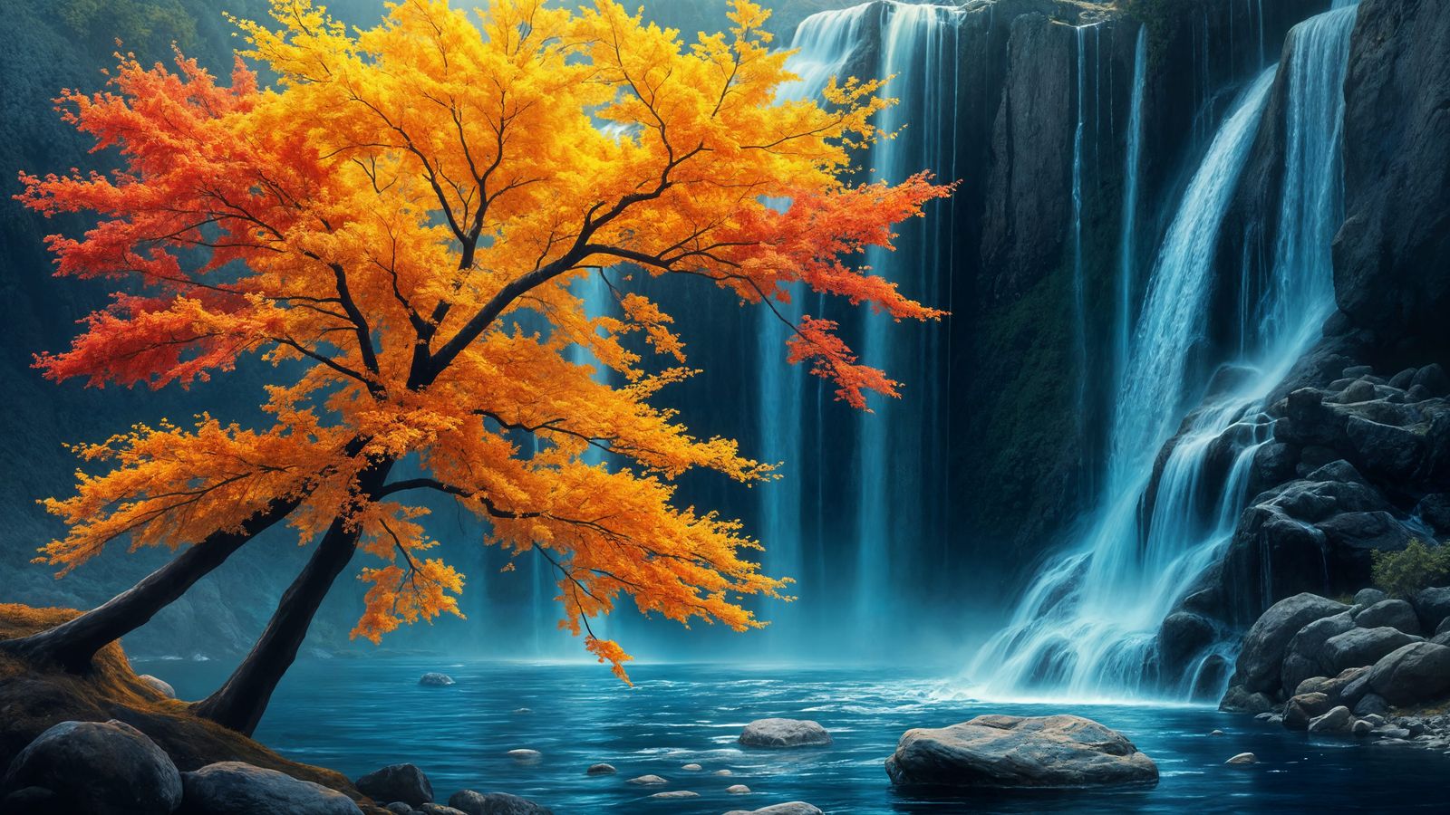 Autumn Tree by Waterfall: Digital Fantasy Oil Painting