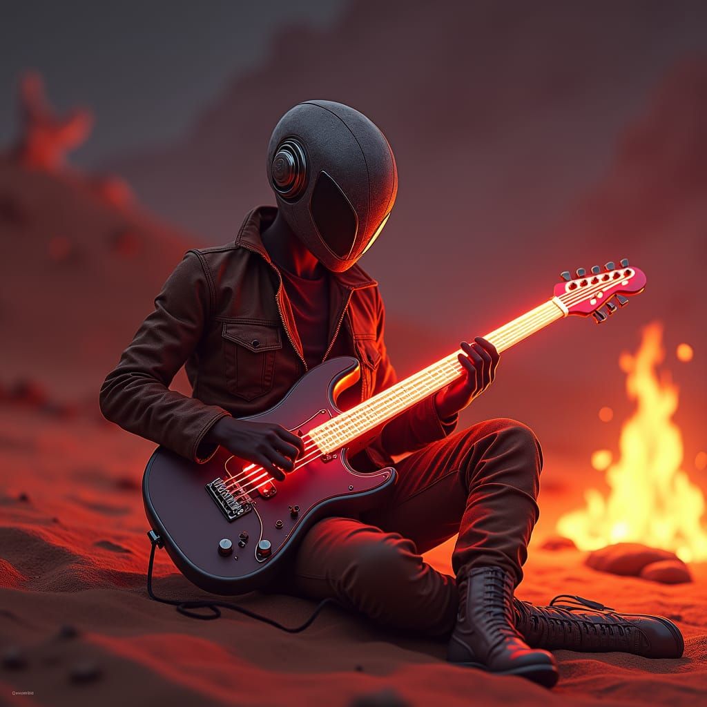 Martian Bonfire Guitar Serenade in 3D Animation Style