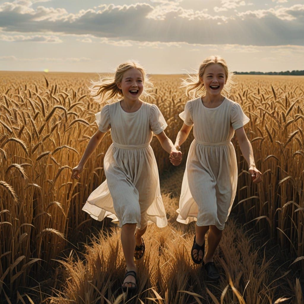 Little Girls Dancing in Sunlit Wheat Field