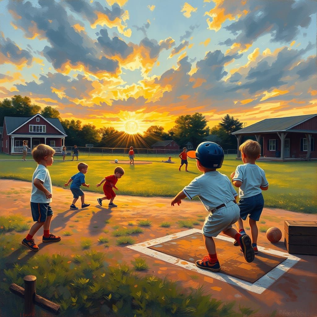 Summer Baseball Scene in Vibrant Oil Painting Style