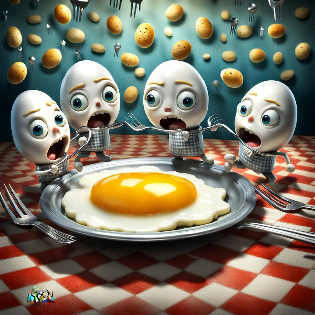 Chibi Fried Eggs Running: A Surreal 3D Kitchen Scene