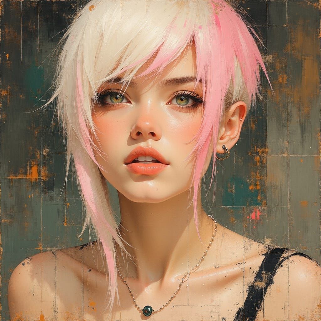 Korean Idol with Pink-White Hair and Neon Eyes