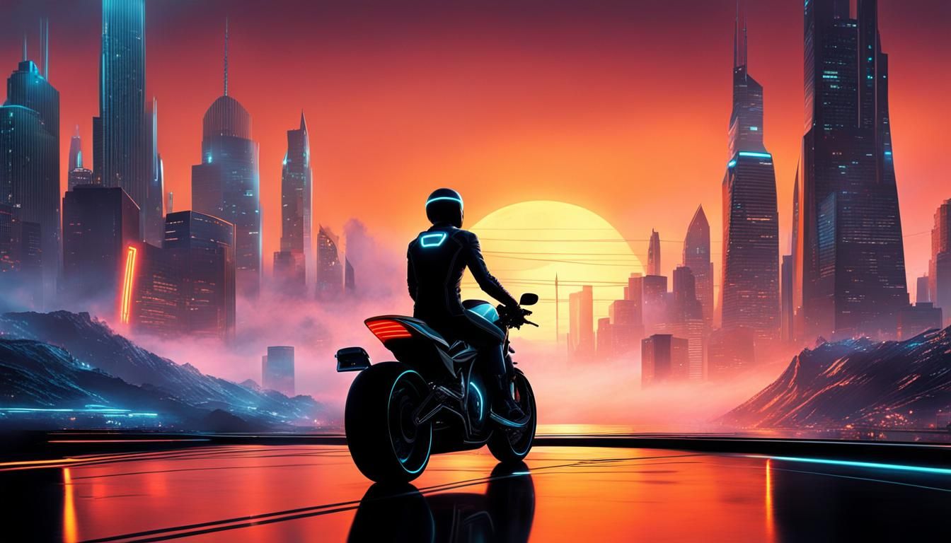 Blonde Motorcyclist at Sunset in Vaporwave Style