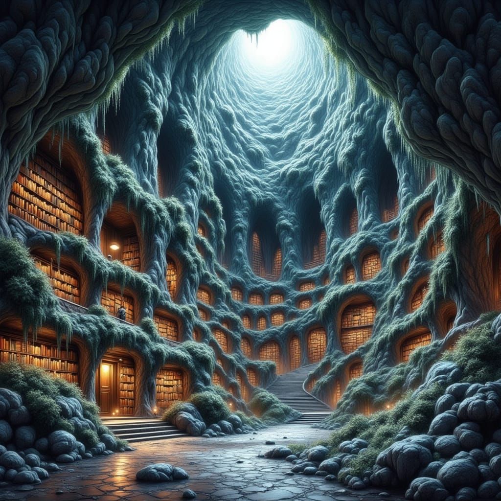 Ancient Geode Library with Glowing Books in Art Nouveau Styl...