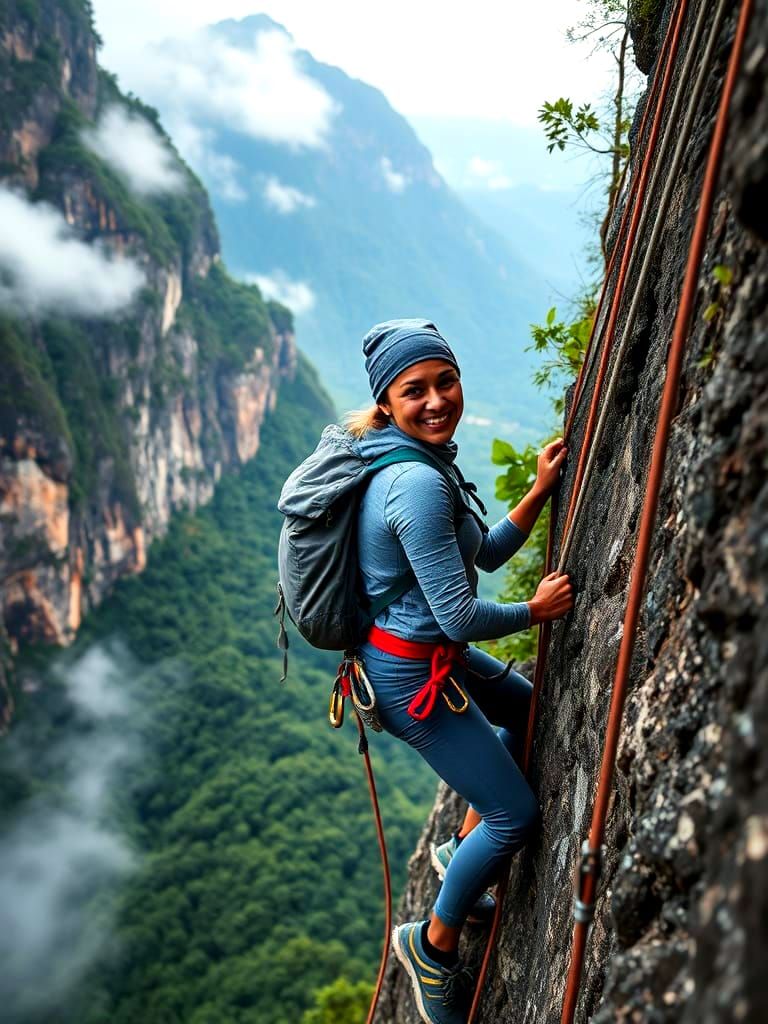 Confident Climber Ascends Tropical Mountain in Gray Athletic...