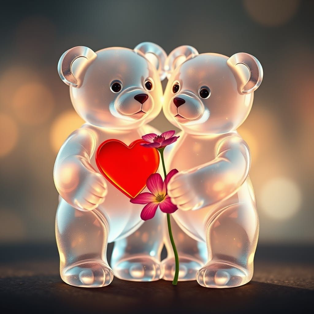 Enchanted Teddy Bears in Ethereal Embrace, Radiating Love an...