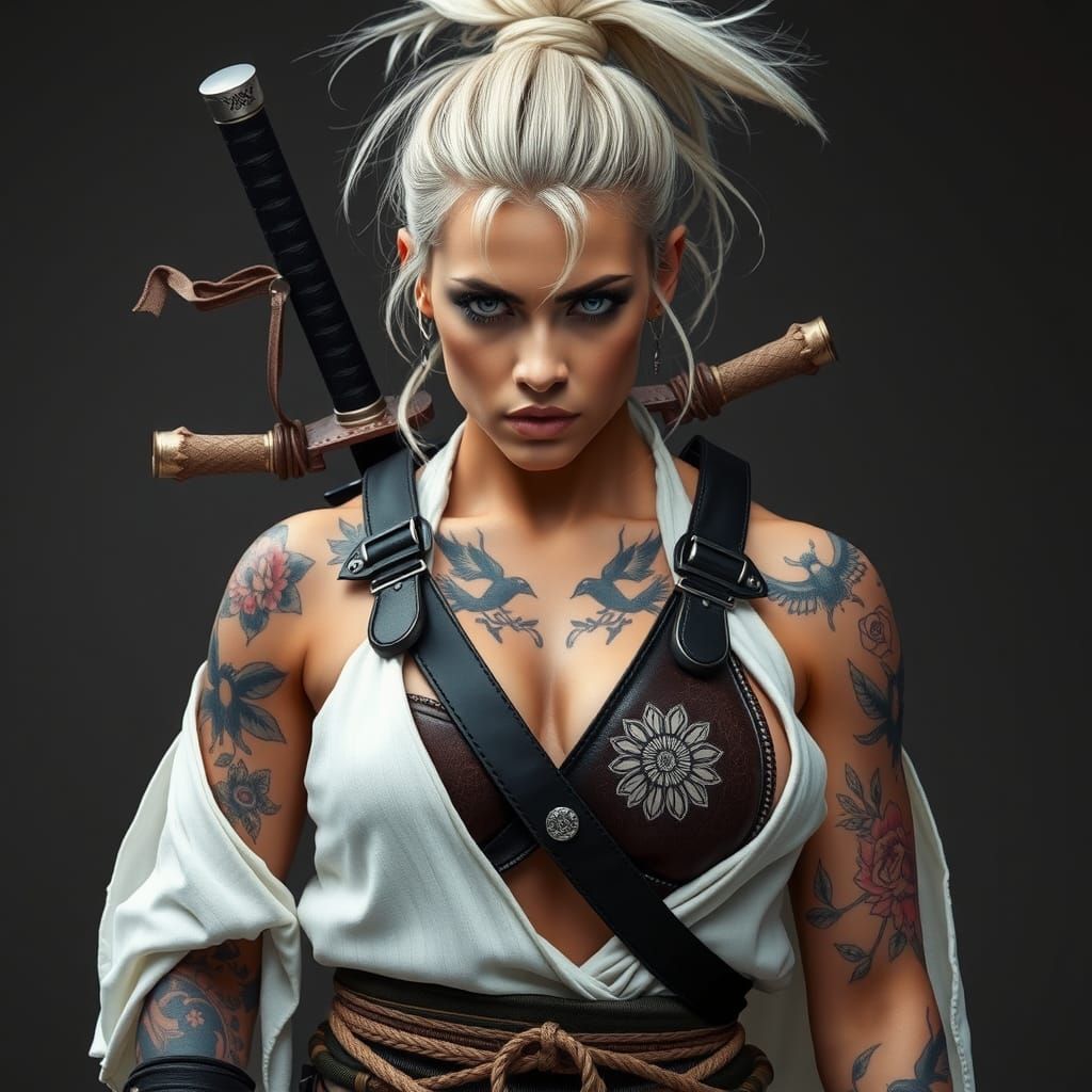 Tattooed Samurai Warrior Woman in Modern Style