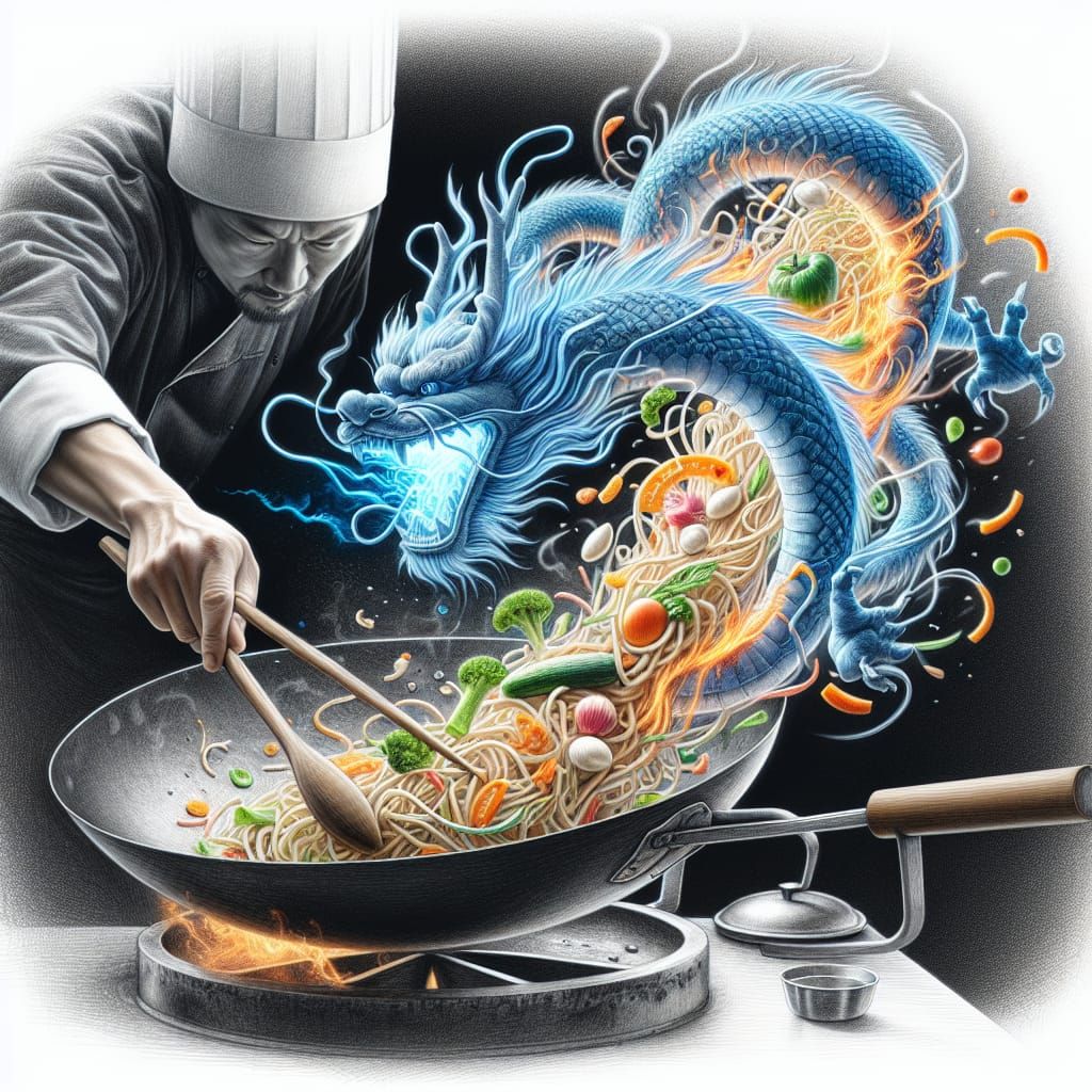 Asian Chef's Stir Fry Dragon: Hyperrealistic Pencil Sketch