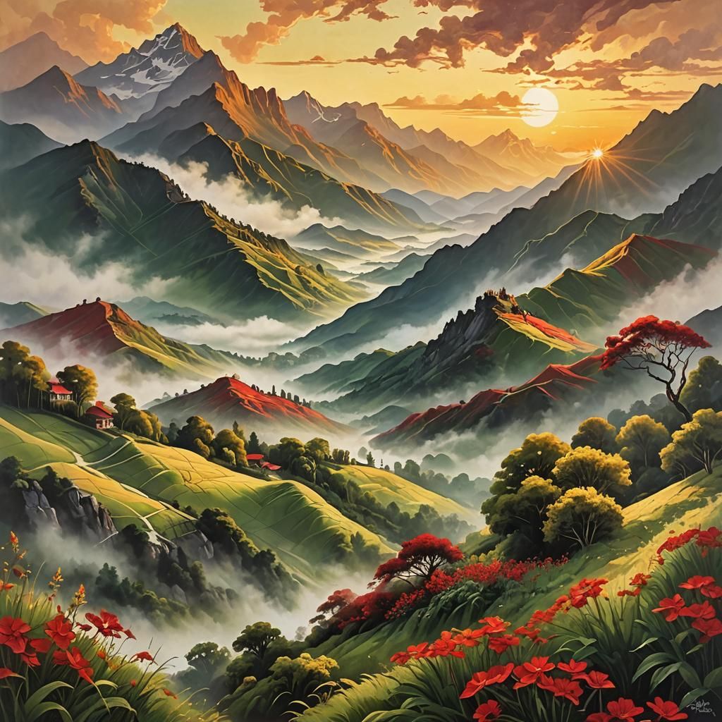 Romantic Landscape Painting with Golden Sunset