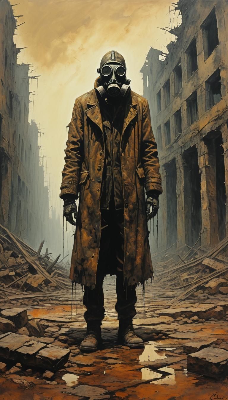 Post-Apocalyptic Figure in Ruins as Oil Painting