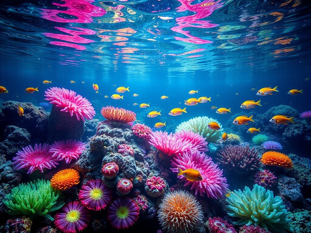 Bioluminescent Coral Reef With Neon Fish And Nebula Reflecti...