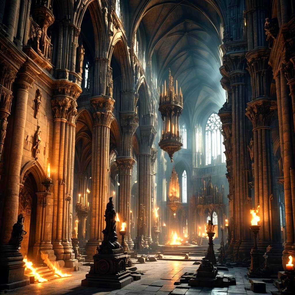 Gothic Cathedral Interior with Stone Pillars and Torches