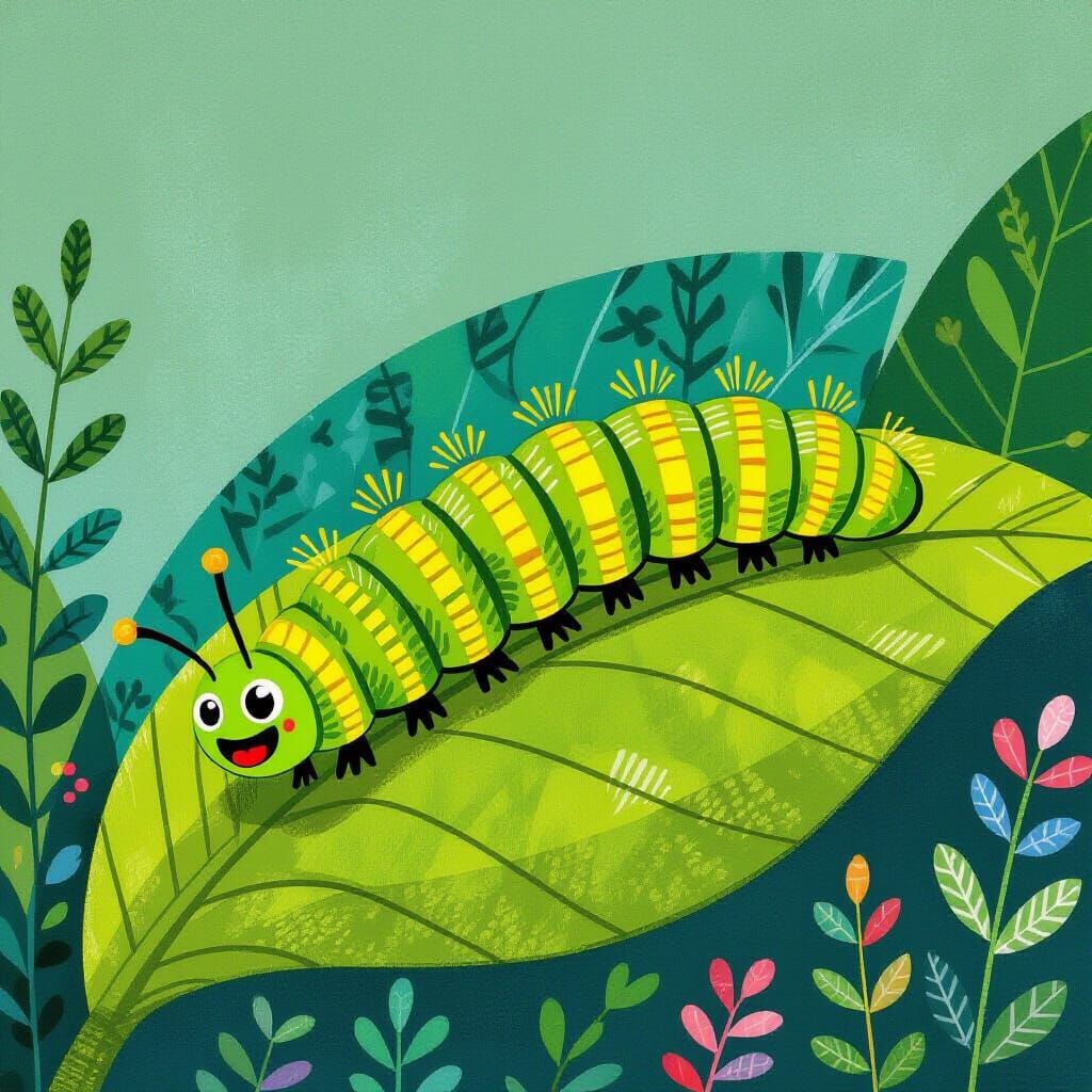 Whimsical Caterpillar on Leaf with Bold Textures