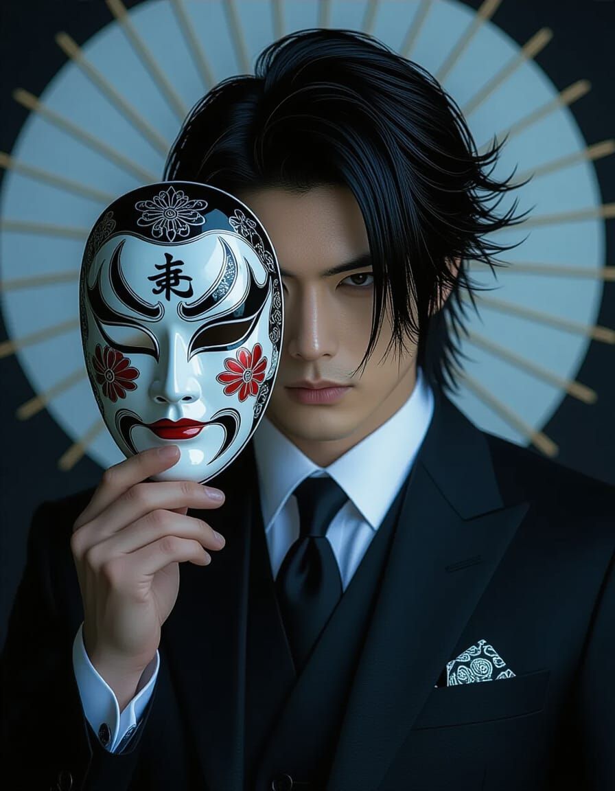 Man in Suit Holds Kabuki Mask, Hyperrealistic