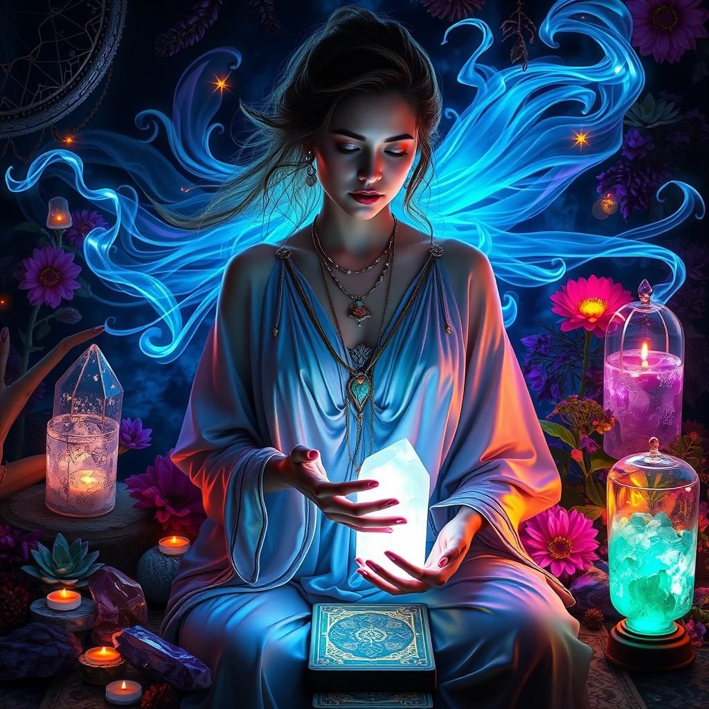 Mystical Woman with Crystals and Tarot Cards