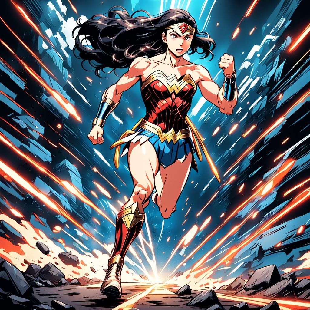 Anime Woman Running on Battlefield in Cel-Shaded Style