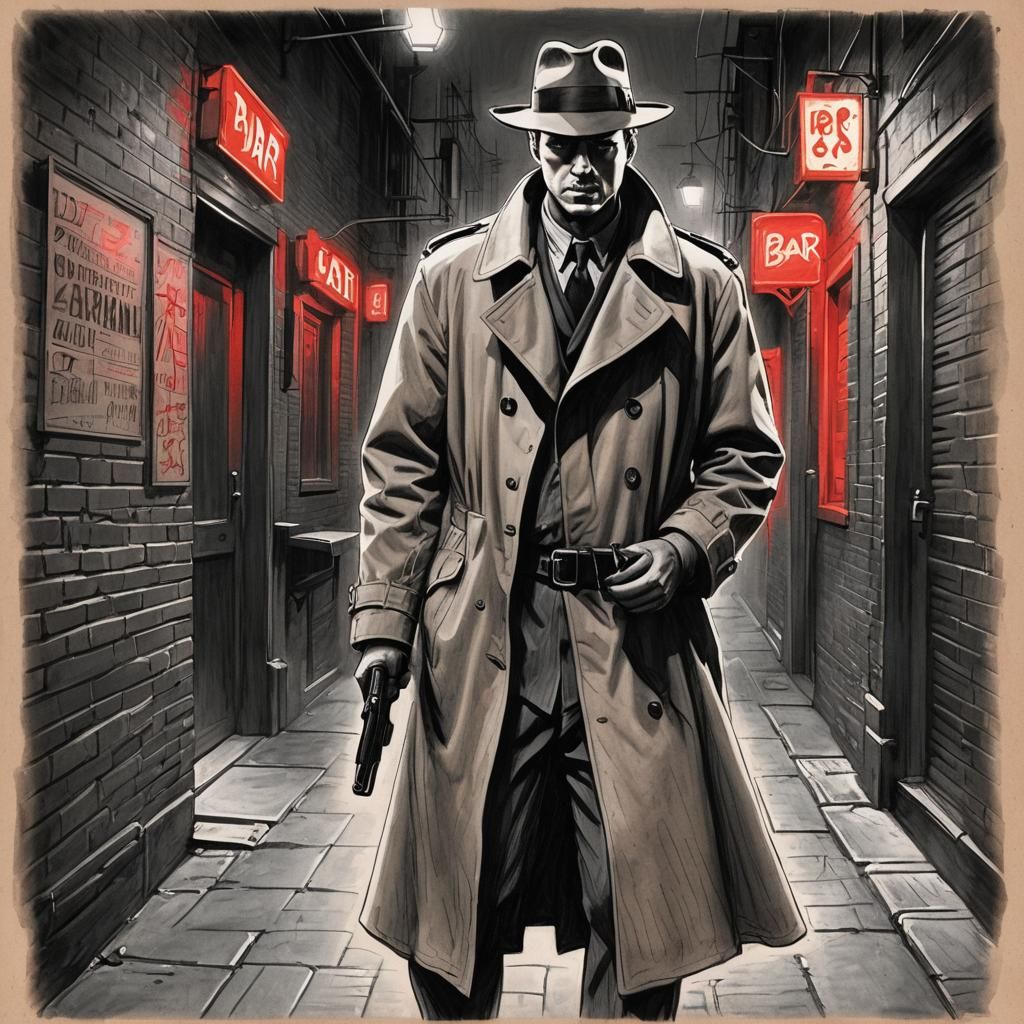 Film Noir Detective in Dark Alley Sketch