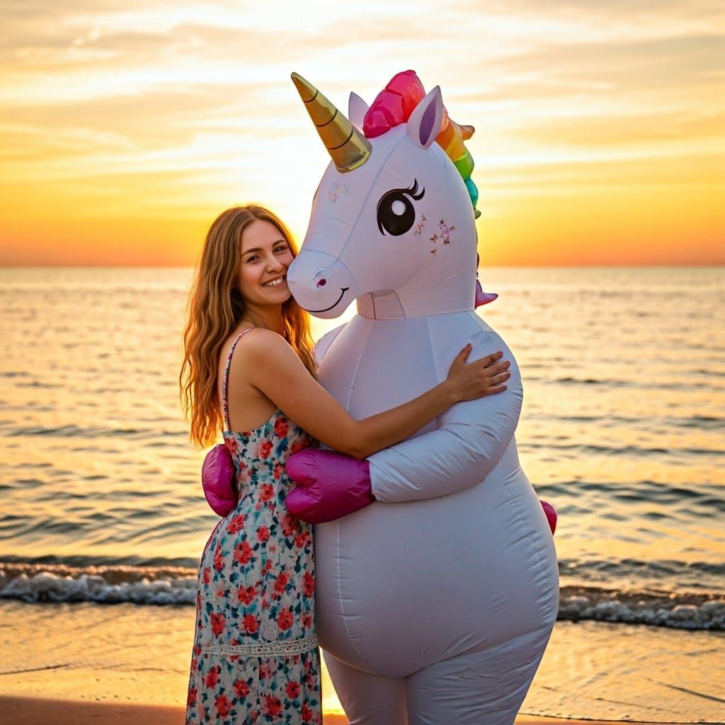 Woman and Rainbow Unicorn Embrace on Sunset Beach