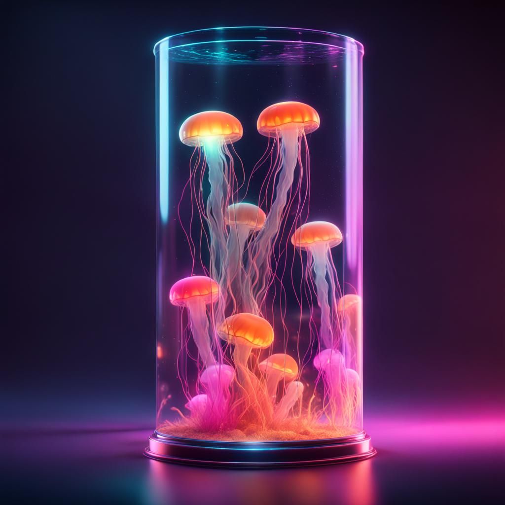 Glowing Jellyfish in Glass Cylinder: 3D Render
