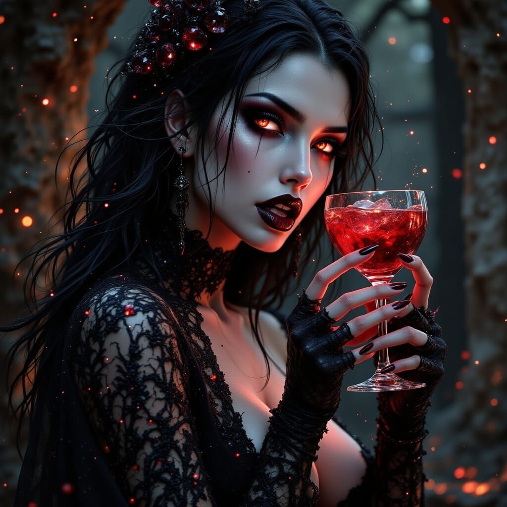Elegant Vampiress with Wine Glass in Dark Style