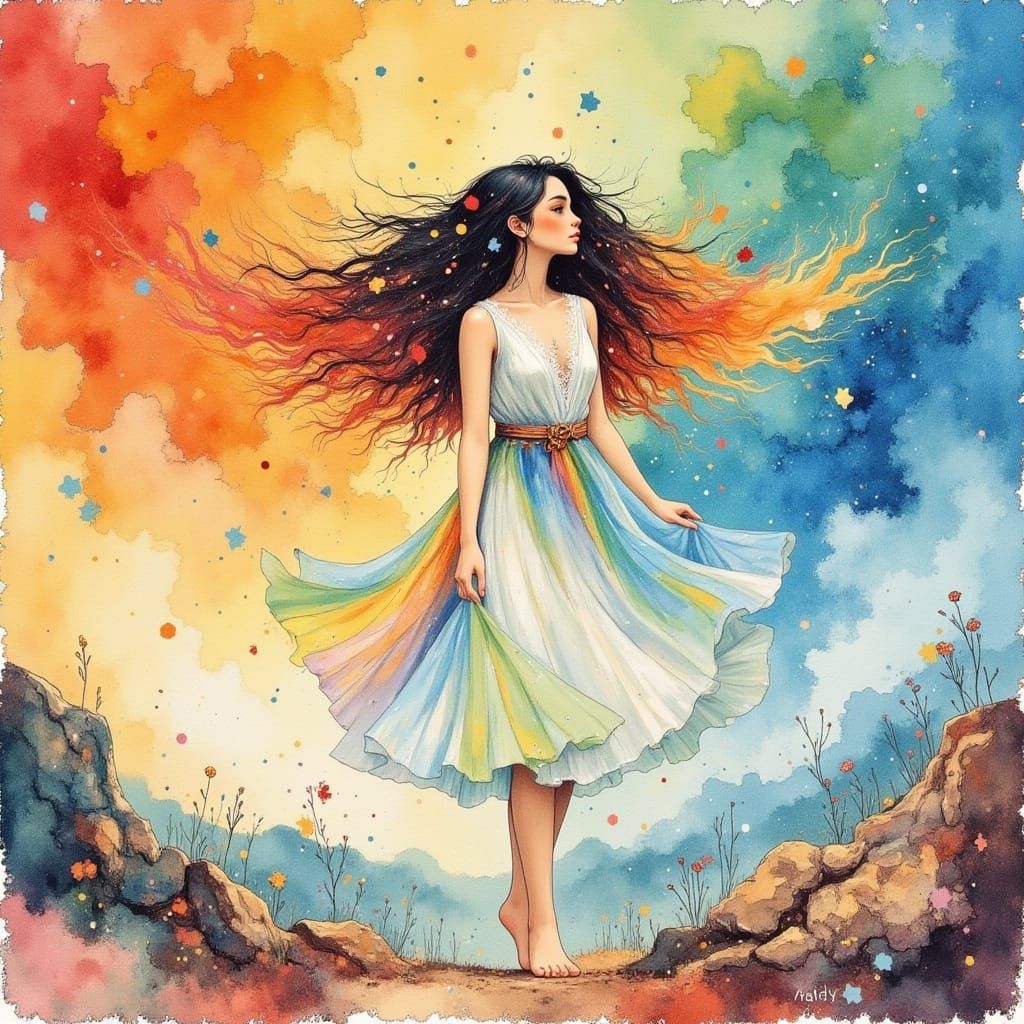Rainbow-Haired Woman in Surreal Splash Art Landscape