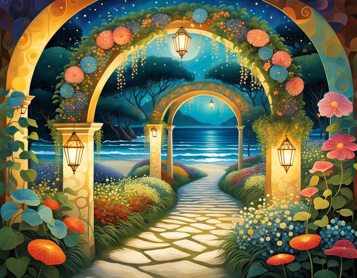 Beach Walkway with Flowers in Klimt Style