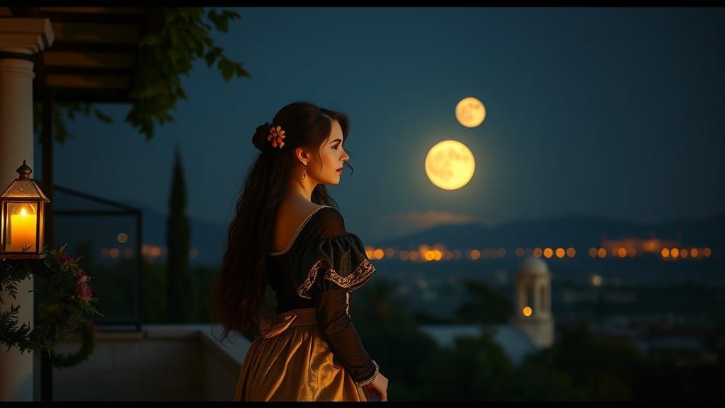 Ethereal Renaissance Goddess in Moonlit Balcony