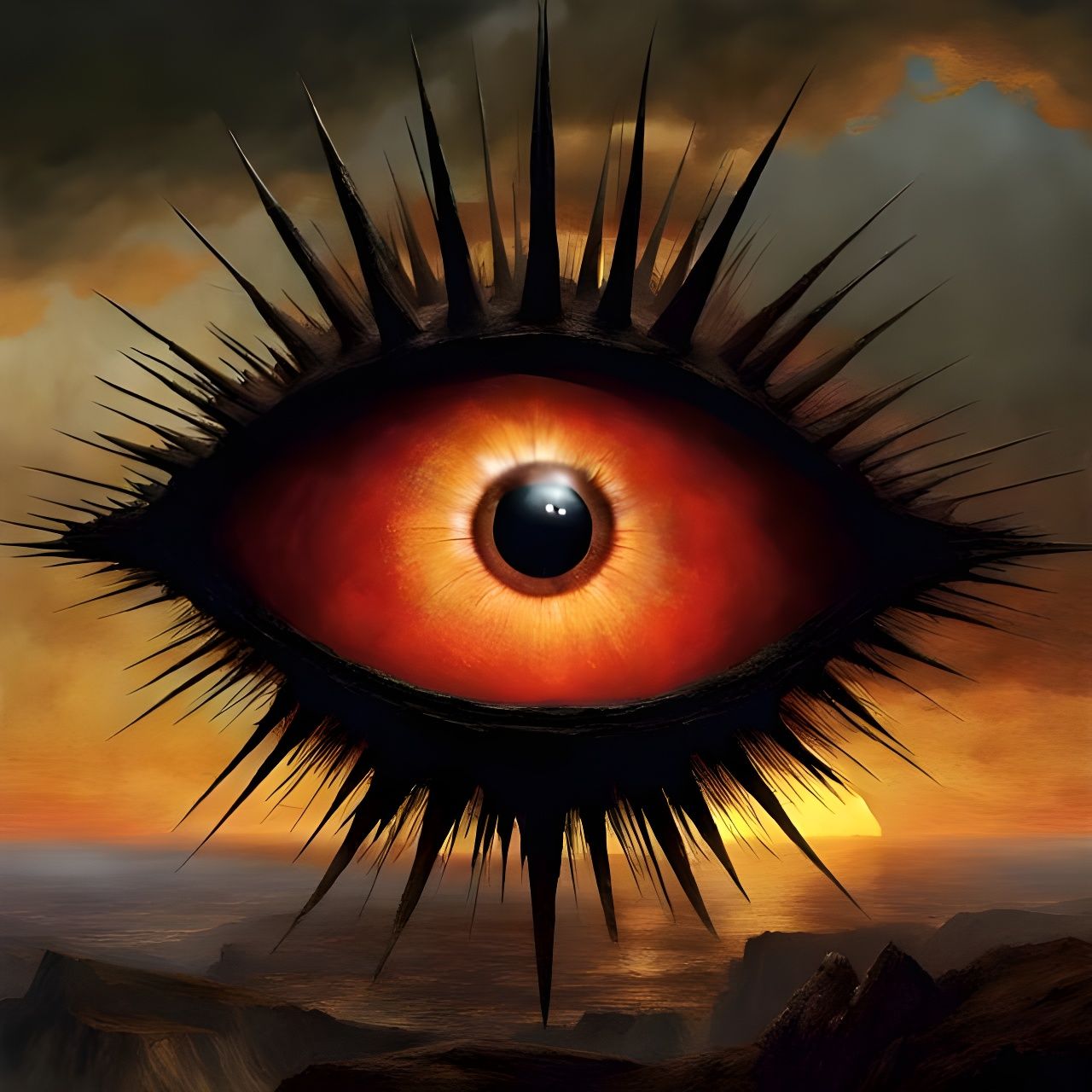 Giant Spiked Eye Sunset: Surreal Art