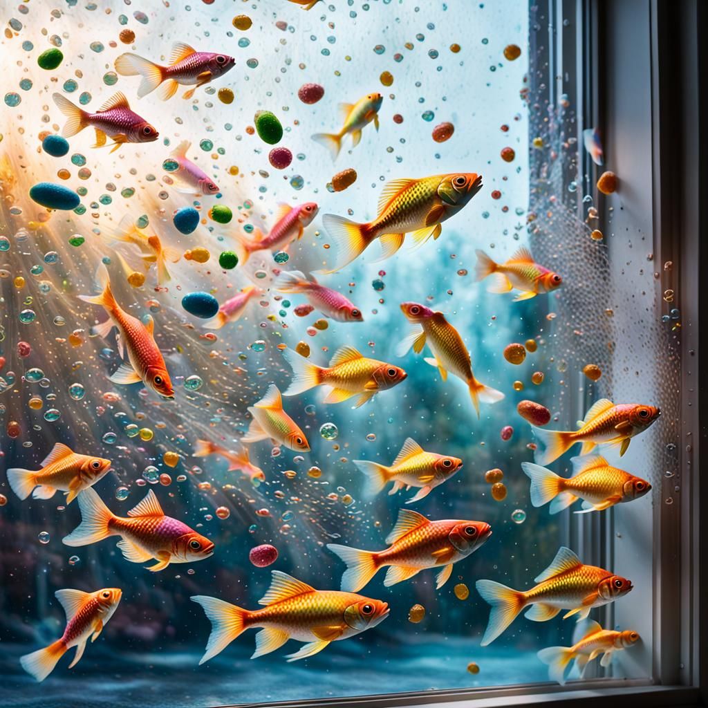 Candy Fish Jumping Through Window: Hyperrealistic Splash Art