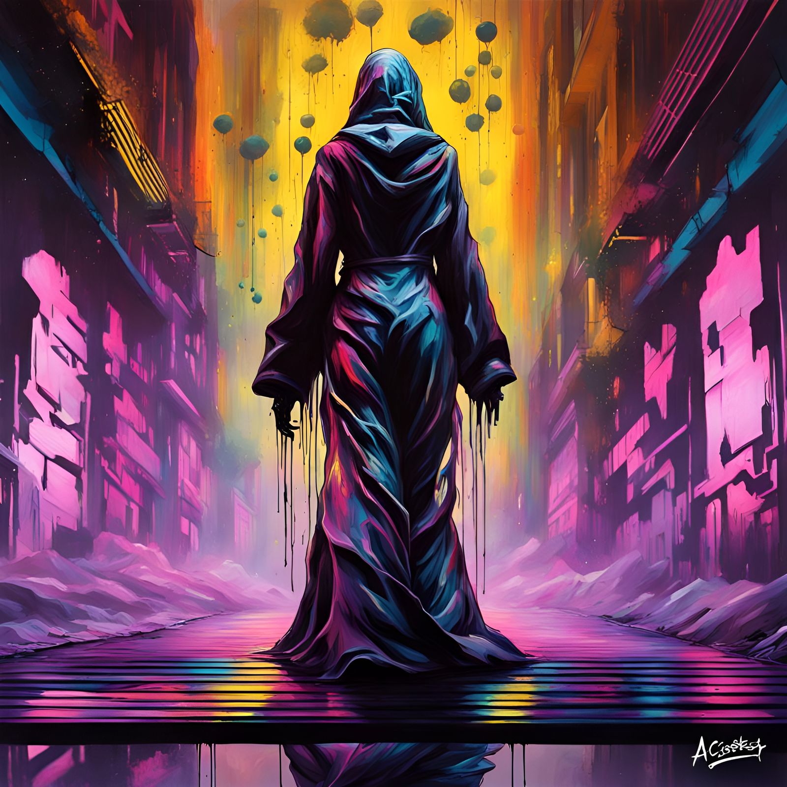 Ascending Figure in Sci-Fi Graffiti Art