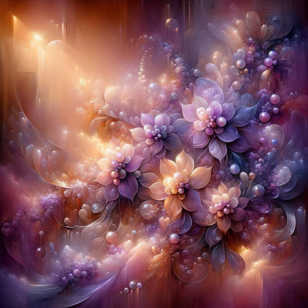 Ethereal Lilac and Glass Flowers in Dreamlike Scene