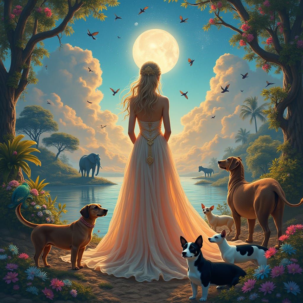 Celestial Goddess Unites Diverse Creatures in Vibrant Harmon...