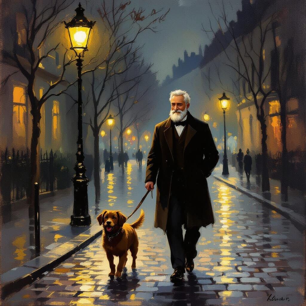 Man Walks Dog Under Golden Streetlight