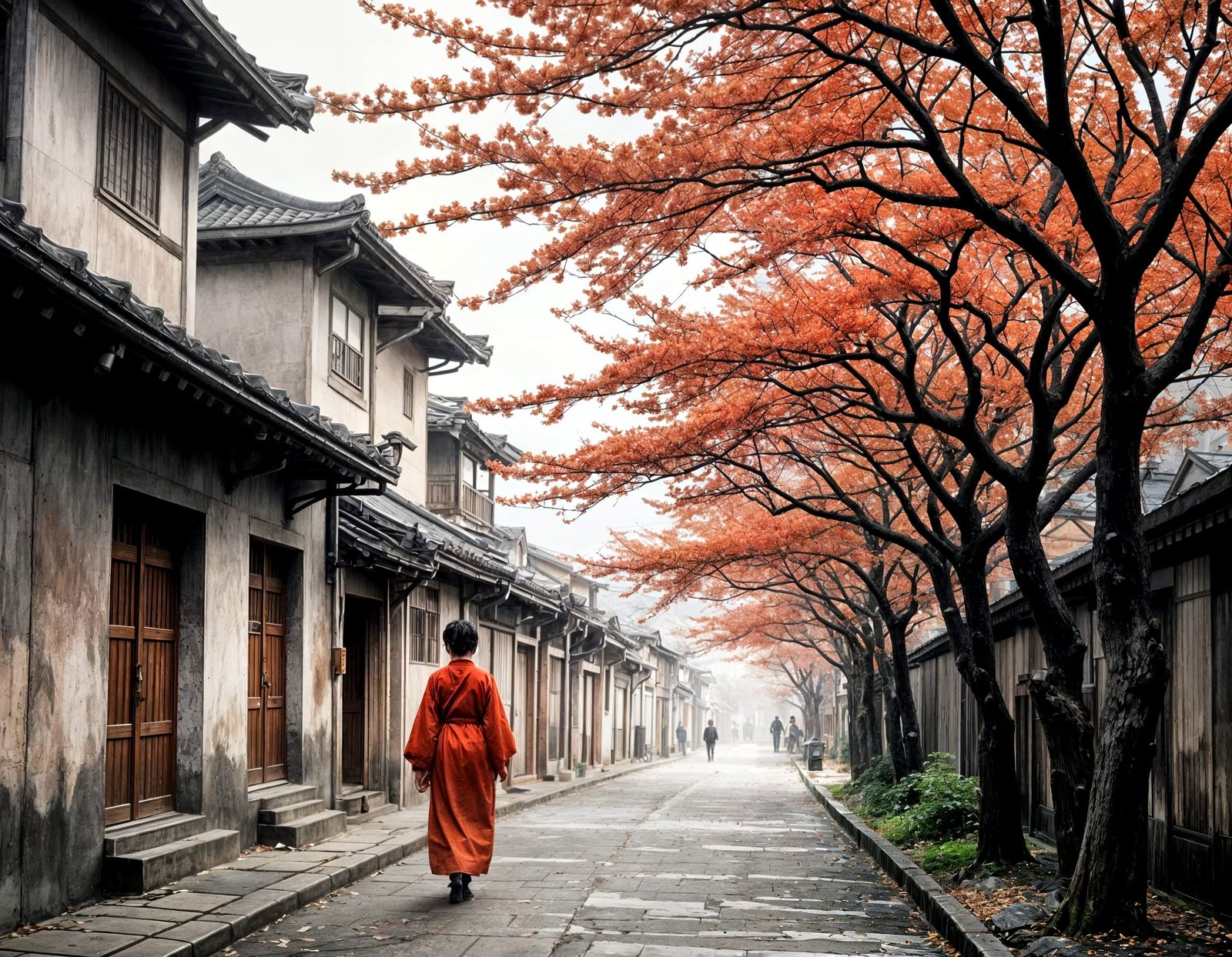 Japanese Street Scene Watercolor with Cherry Blossoms