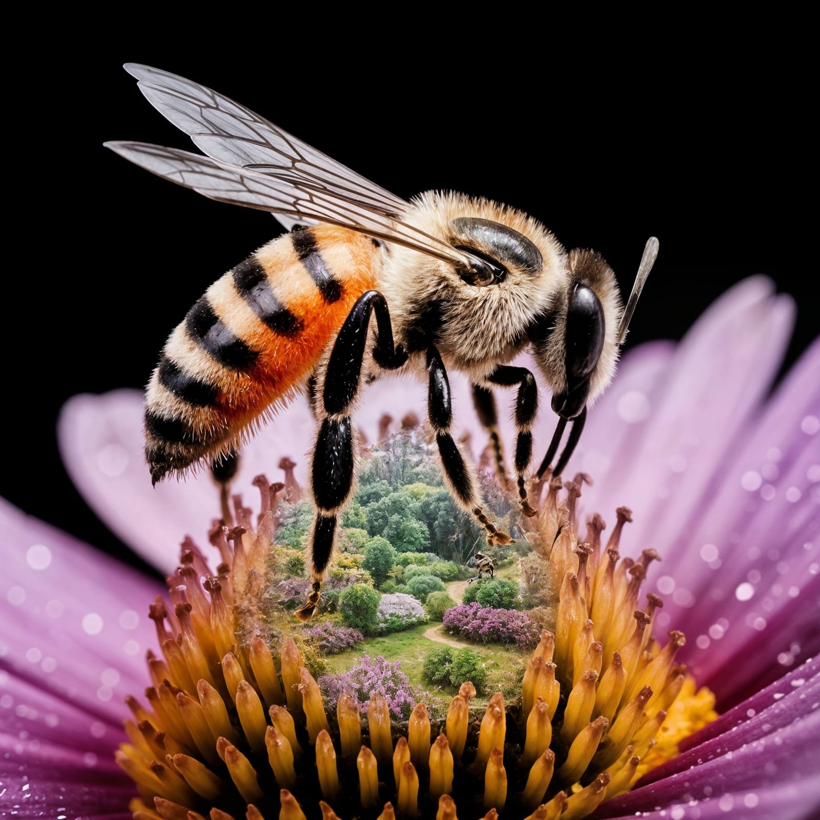Vibrant Bee in Macro Close-Up with Double-Exposure Garden