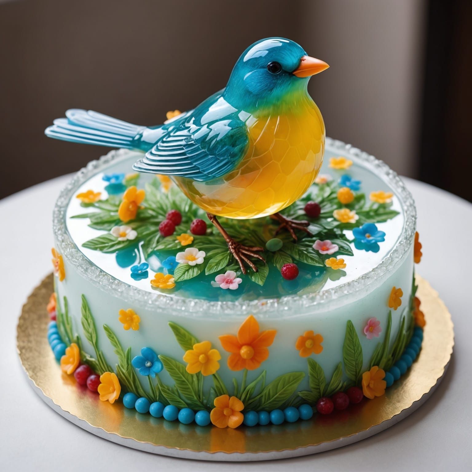Glass Bird on Birthday Cake in Photographic Style