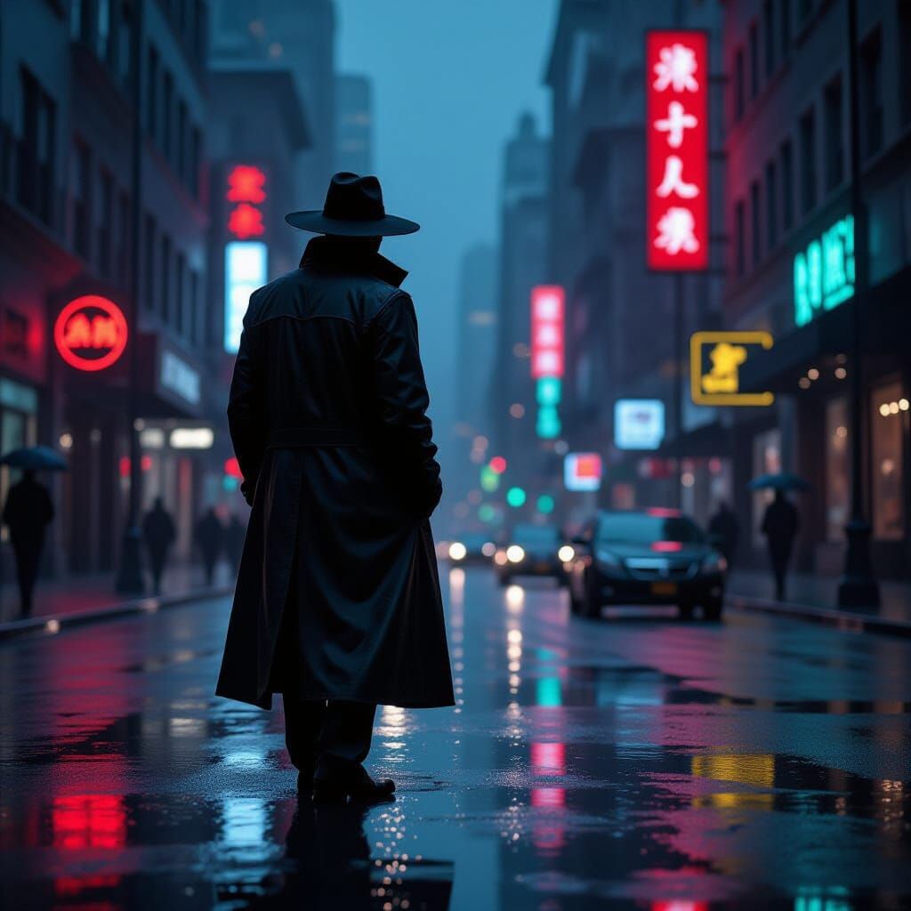 Figure in Neon-Lit City Street at Dusk, Matte Painting Style