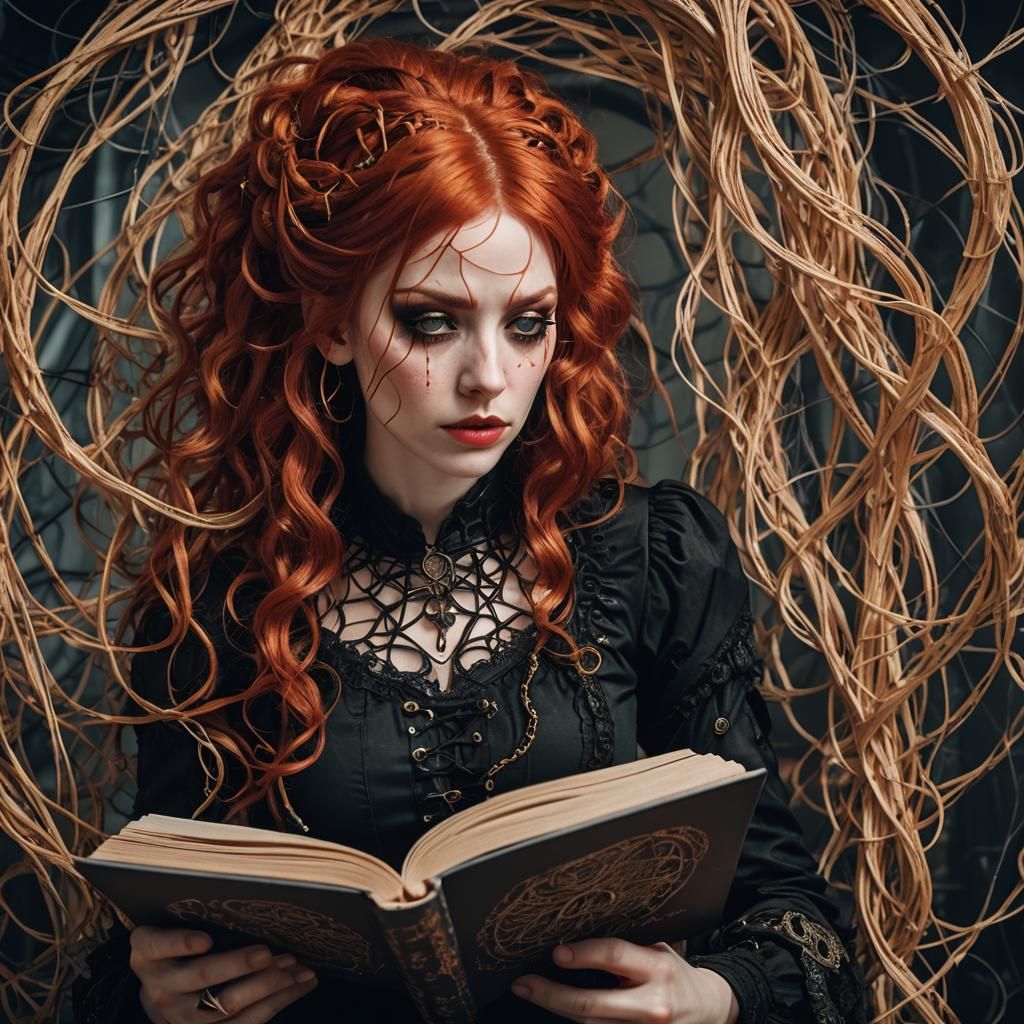 Redhead Reads Book in Surreal String Landscape