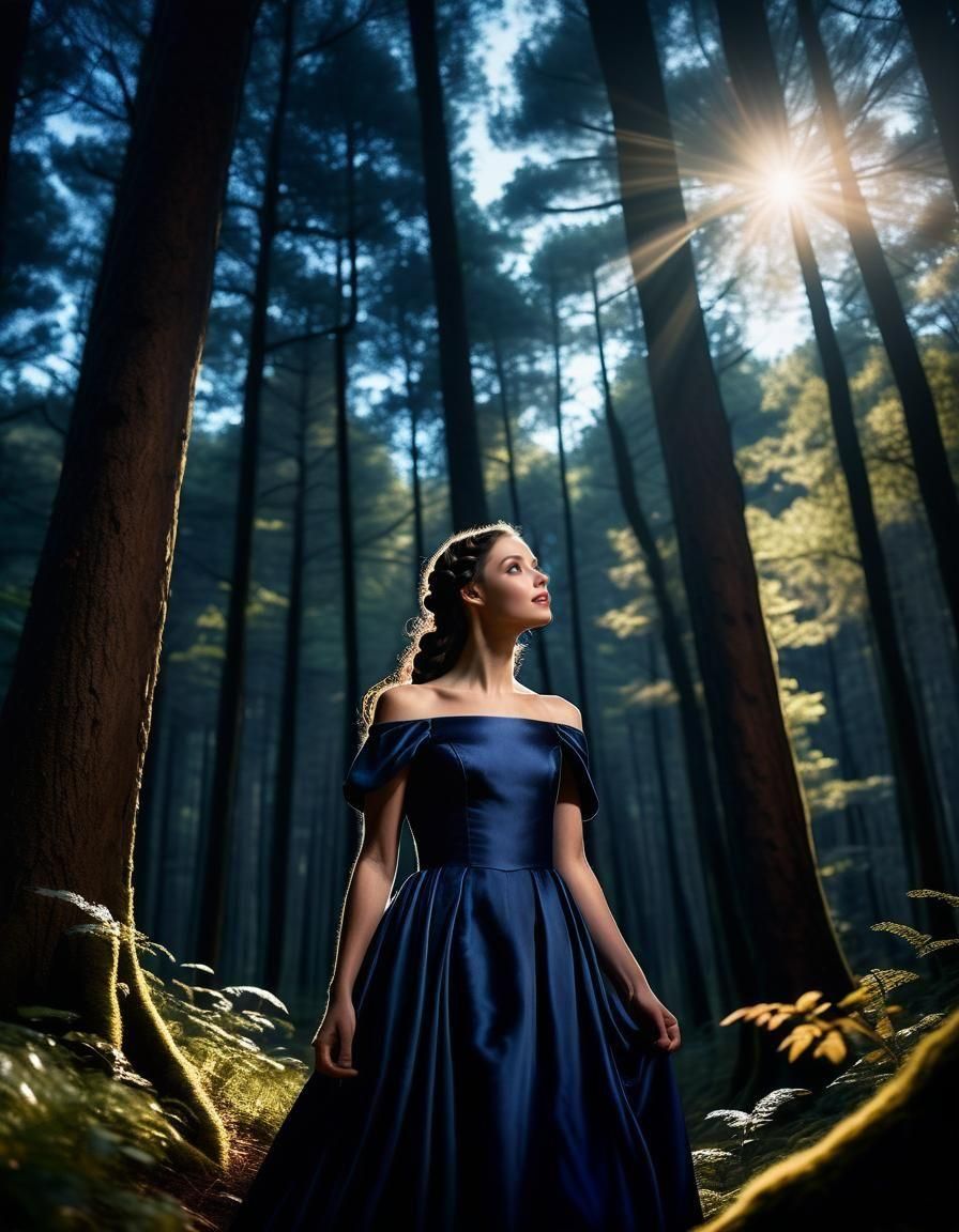 Brunette in Blue Satin Gown, Sunlight Forest