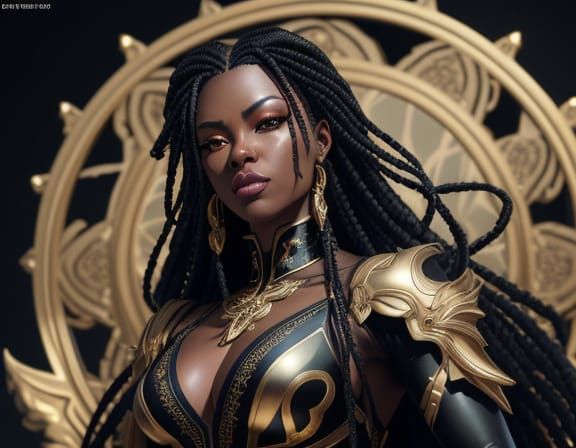 Ebony Goddess in Metallic Gold Attire, Anime Style