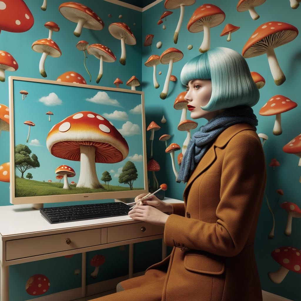 Whimsical Surrealist Scene with Giant Mushroom Flags and Che...
