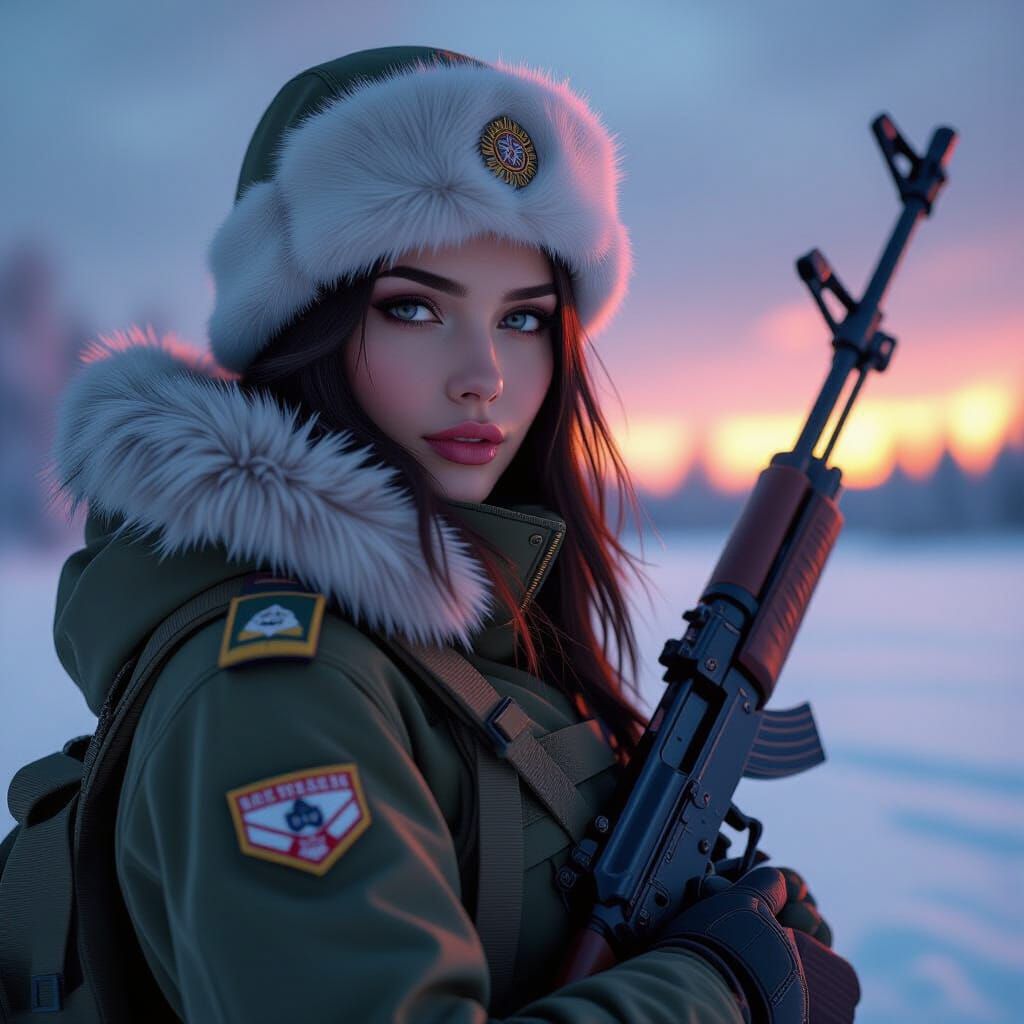 Russian Woman in Winter Military Uniform Portrait