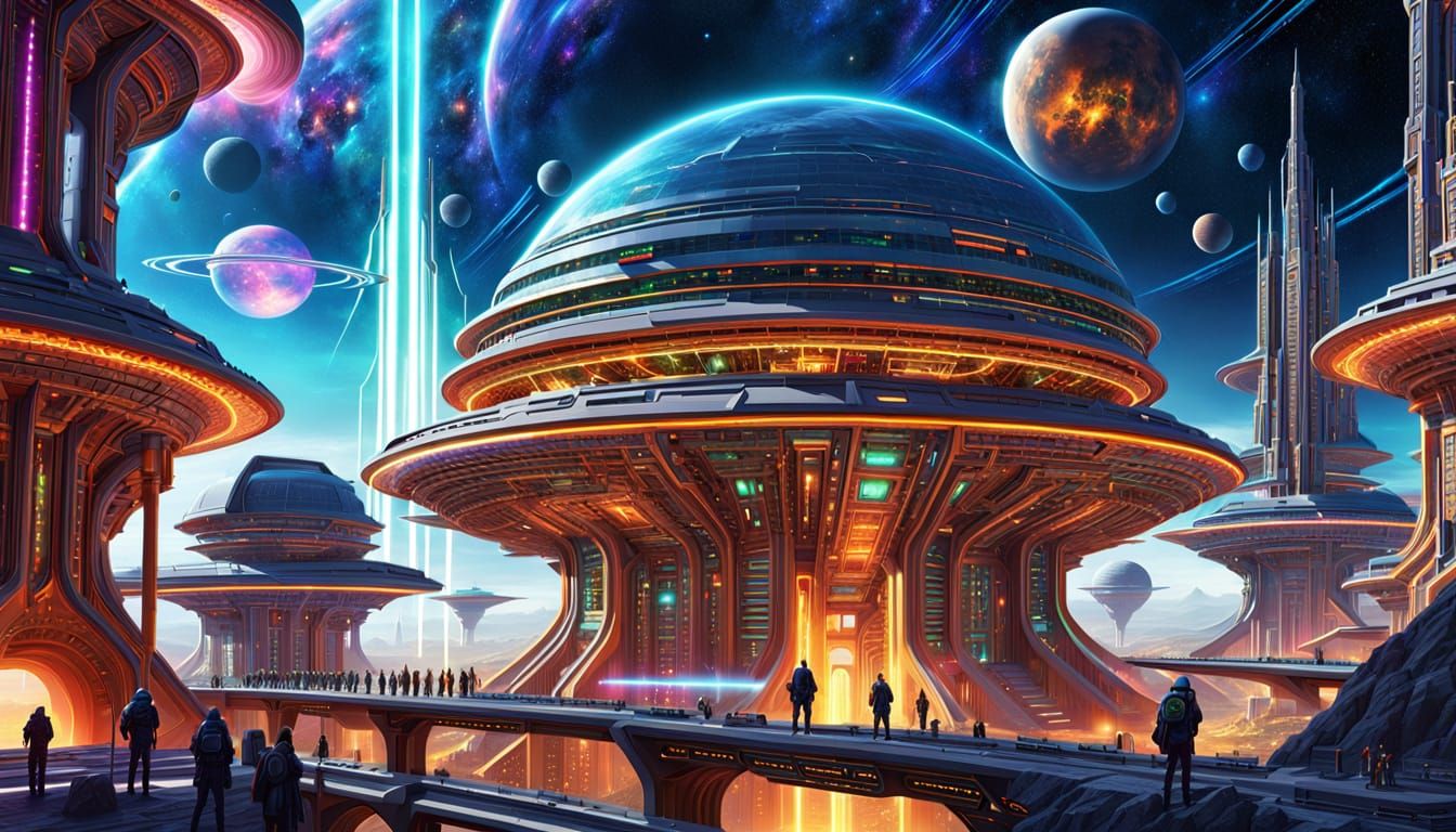 Cosmic Civilizations in Detailed Digital Painting