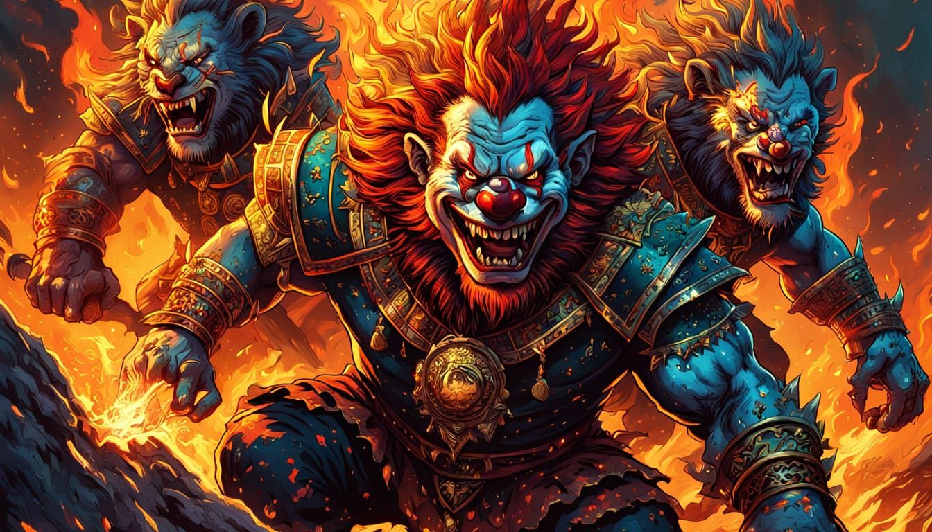 Clown Troll Rides Three-Headed Lion in Comic Book Art