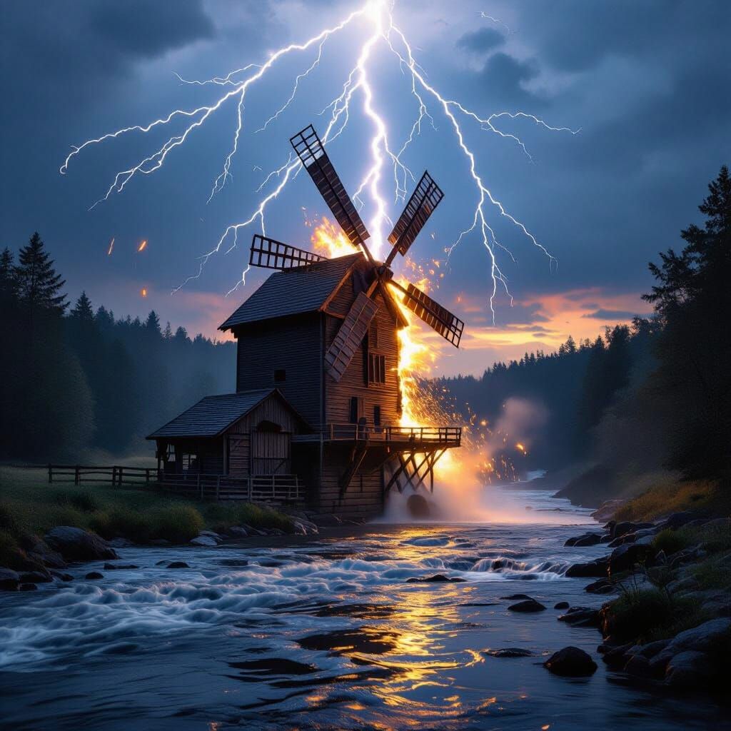 Lightning Ignites Watermill Sails in Hyperrealistic Image