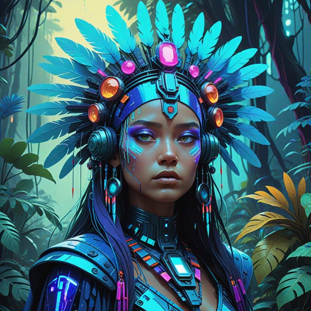 Amazonian Blue Gemstone Tribe Goddess in Lush Jungle Paradis...