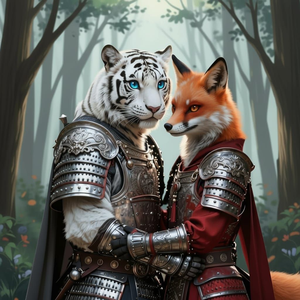 Armored Tiger and Fox Embrace in Human Form