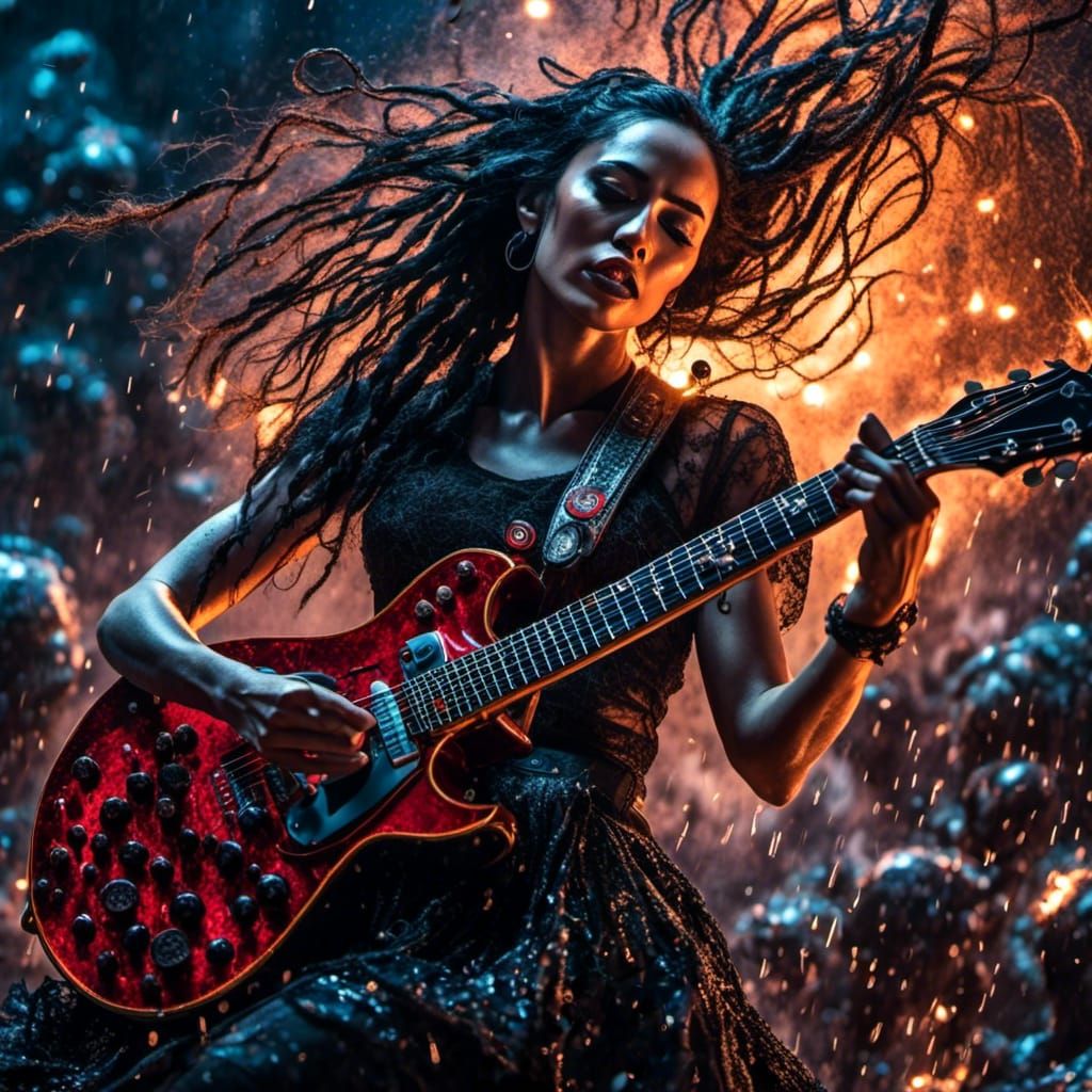 Gothic Guitarist in Tsunami, Oil Painting