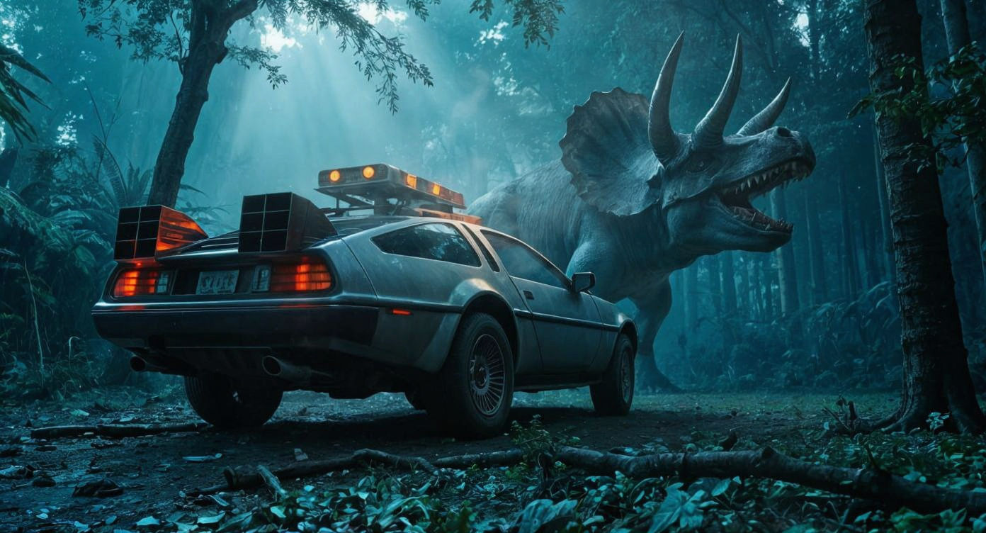 Steampunk DeLorean in Prehistoric Jungle